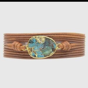 095- Gold Plates Turquoise and Leather Wrap Bracelet